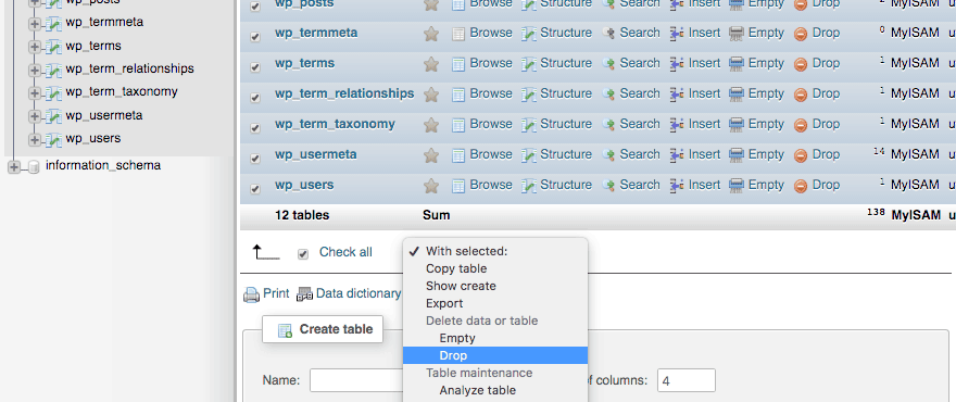 Database tables in phpMyAdmin