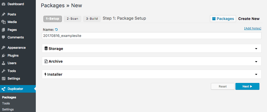 Setup page for Duplicator