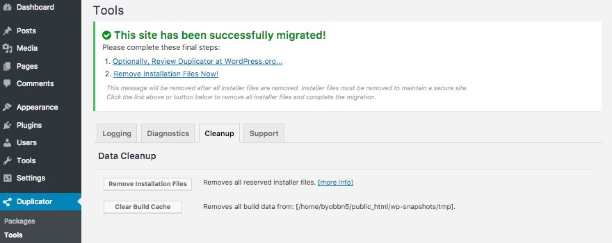 Duplicator details in the admin dashboard