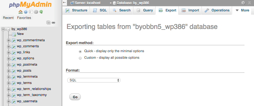 The phpMyAdmin Export page.