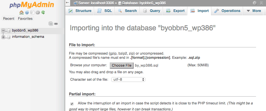The phpMyAdmin Import page.
