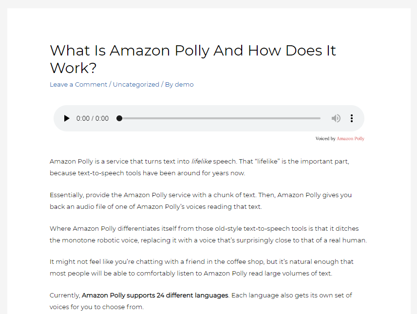 An example of Amazon Polly on the front-end